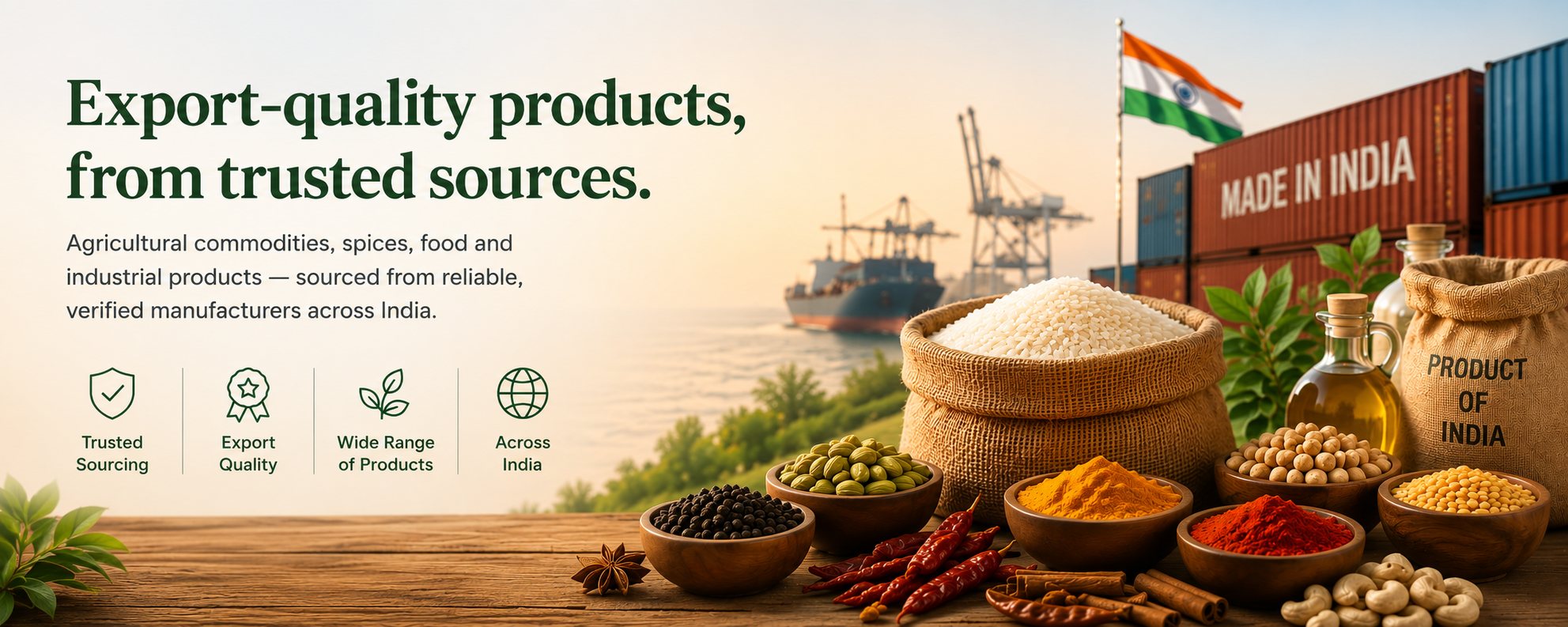 Export-quality Indian products — agricultural commodities, spices, food and industrial products sourced from reliable, verified manufacturers across India